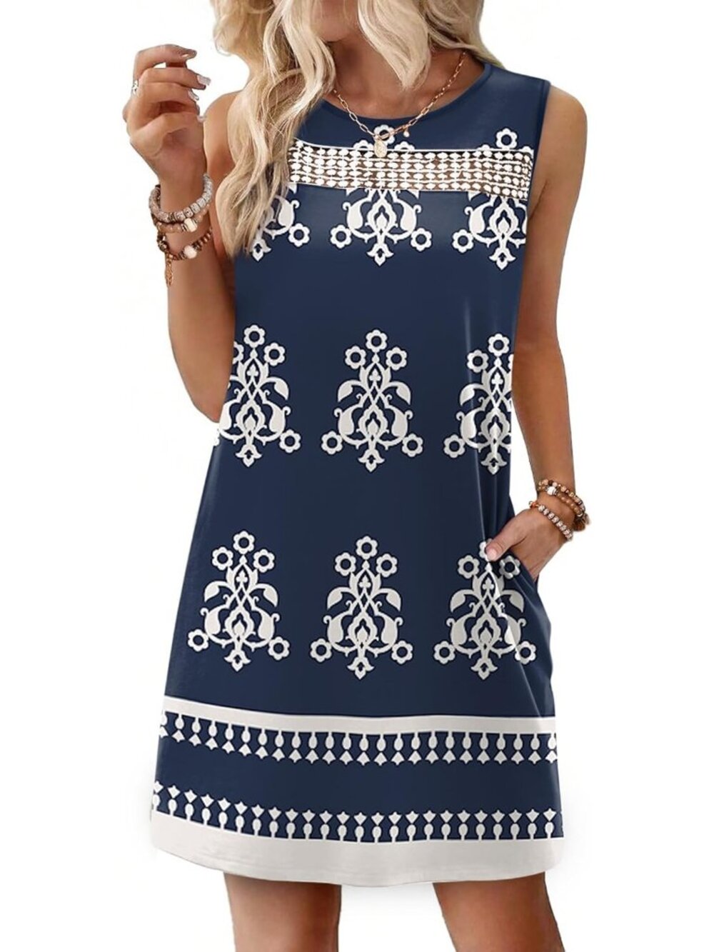 〽️Women's Blue Lace Mini Dress Sleeveless Tank Summer Beach Vacation Day Wear